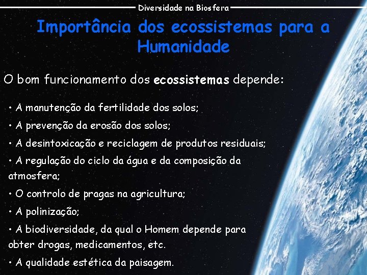 Diversidade na Biosfera Importância dos ecossistemas para a Humanidade O bom funcionamento dos ecossistemas