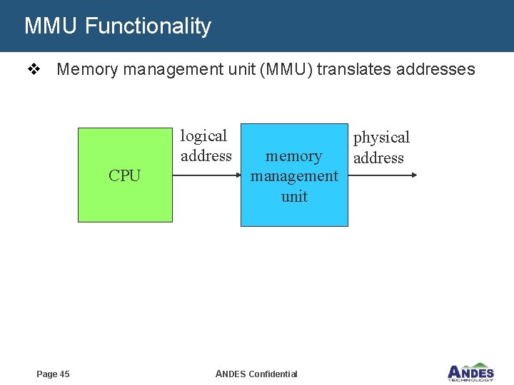 MMU Functionality v Memory management unit (MMU) translates addresses logical address CPU Page 45