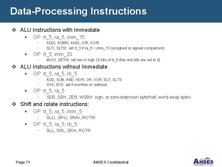 Data-Processing Instructions v ALU Instructions with Immediate § OP rt_5, ra_5, imm_15 • •