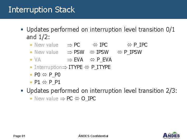 Interruption Stack § Updates performed on interruption level transition 0/1 and 1/2: • •