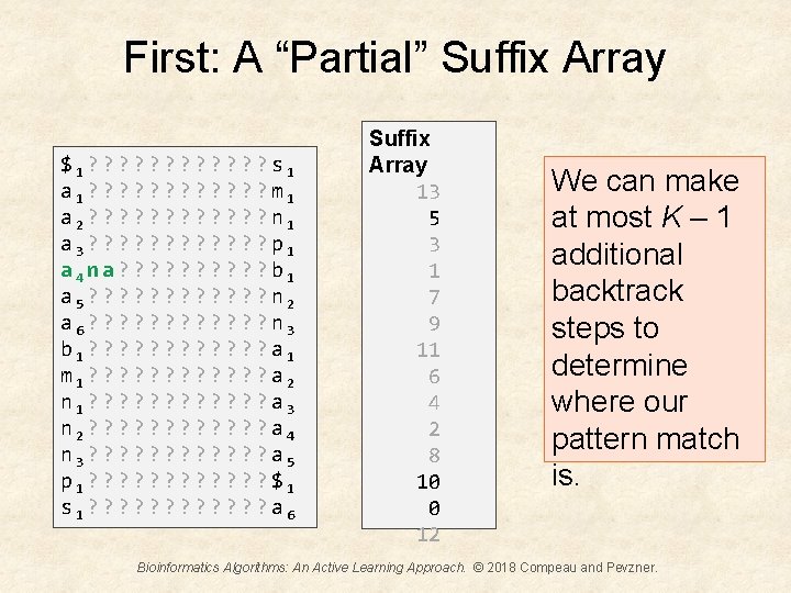 First: A “Partial” Suffix Array $1? ? ? s 1 a 1? ? ?