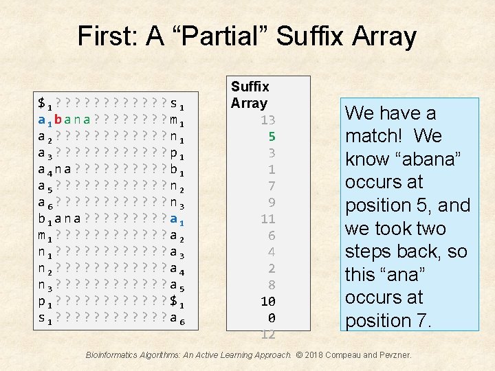 First: A “Partial” Suffix Array $1? ? ? s 1 a 1 bana? ?