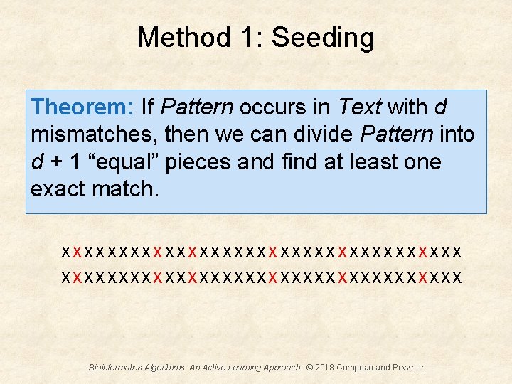 Method 1: Seeding Theorem: If Pattern occurs in Text with d mismatches, then we