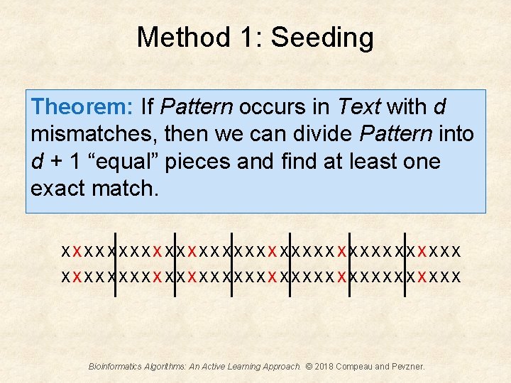 Method 1: Seeding Theorem: If Pattern occurs in Text with d mismatches, then we