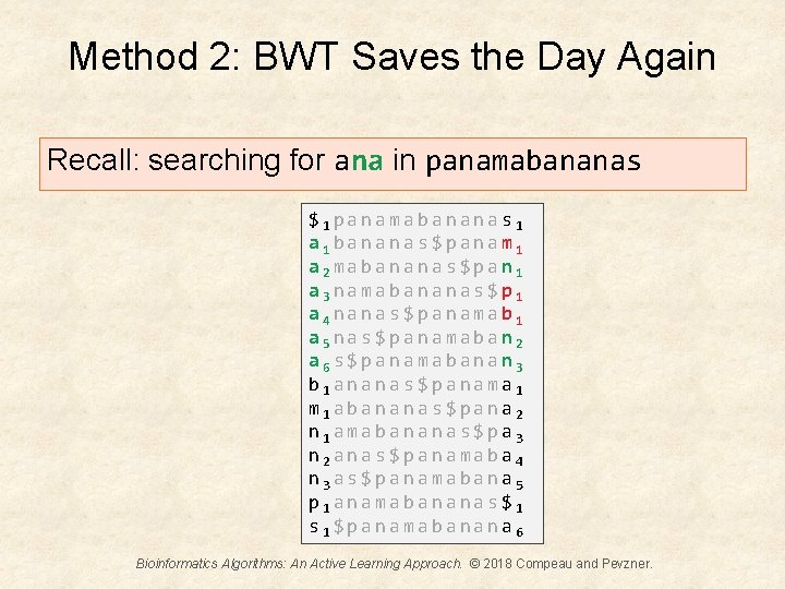 Method 2: BWT Saves the Day Again Recall: searching for ana in panamabananas $1