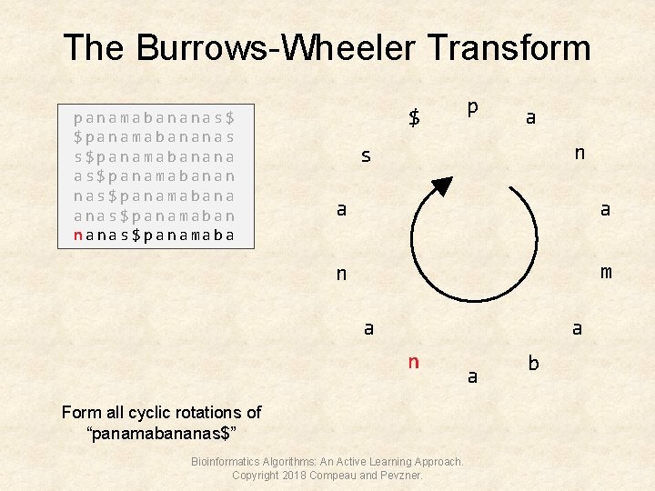 The Burrows-Wheeler Transform panamabananas$ $panamabananas s$panamabanana as$panamabanan nas$panamabana anas$panamaban nanas$panamaba $ p a n