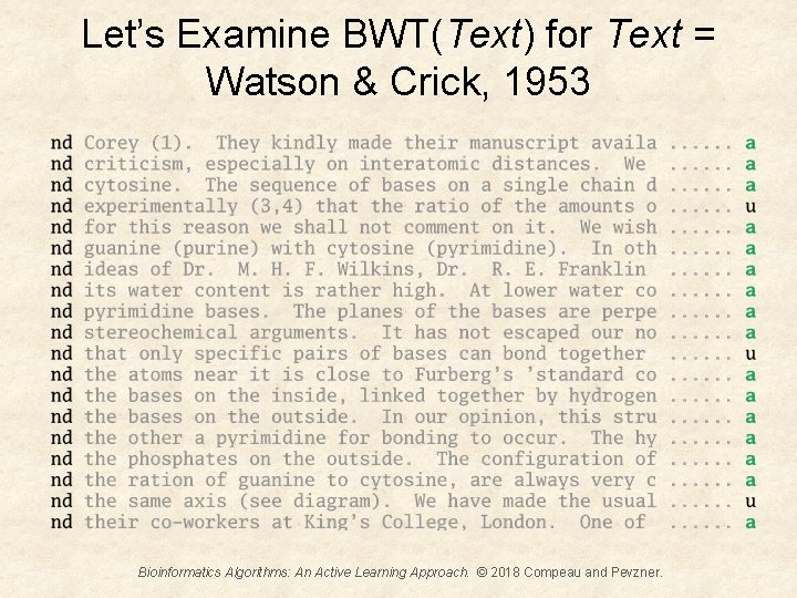 Let’s Examine BWT(Text) for Text = Watson & Crick, 1953 Bioinformatics Algorithms: An Active