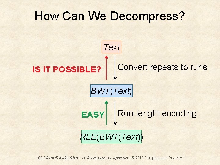 How Can We Decompress? Text IS IT POSSIBLE? Convert repeats to runs BWT(Text) EASY