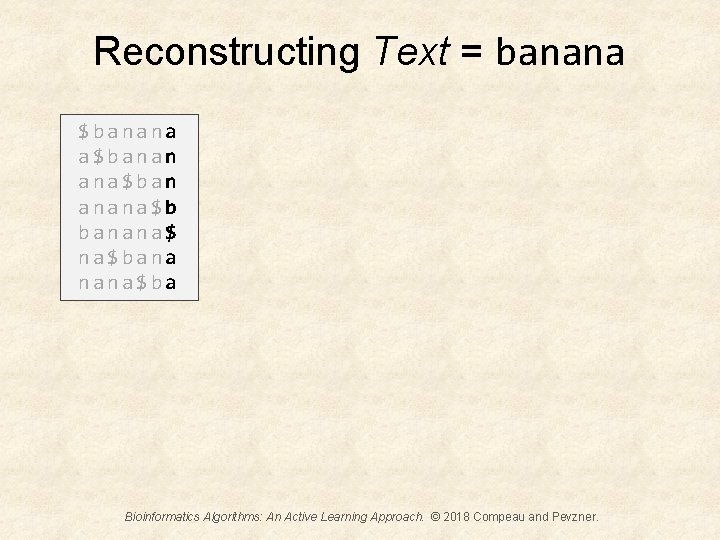 Reconstructing Text = banana $banana a$banan ana$ban anana$b banana$ na$bana nana$ba Bioinformatics Algorithms: An