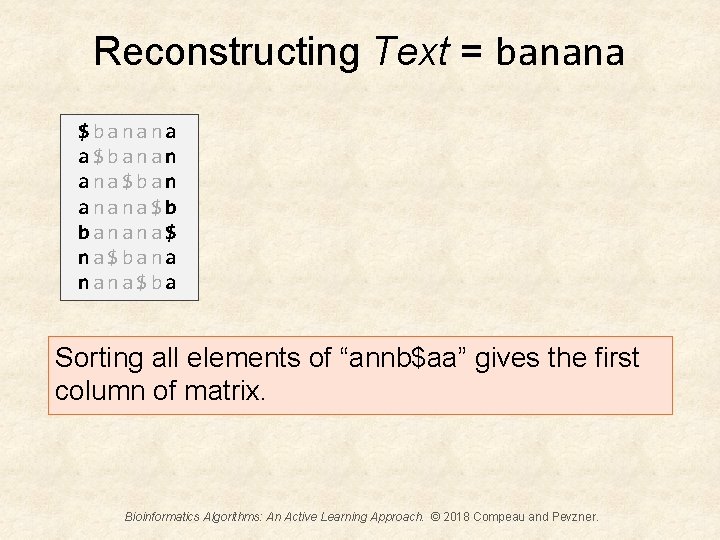 Reconstructing Text = banana $banana a$banan ana$ban anana$b banana$ na$bana nana$ba Sorting all elements