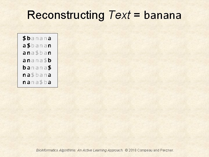 Reconstructing Text = banana $banana a$banan ana$ban anana$b banana$ na$bana nana$ba Bioinformatics Algorithms: An
