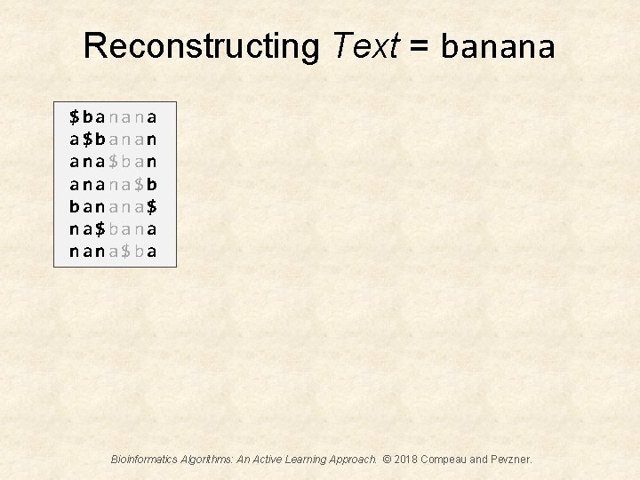 Reconstructing Text = banana $banana a$banan ana$ban anana$b banana$ na$bana nana$ba Bioinformatics Algorithms: An