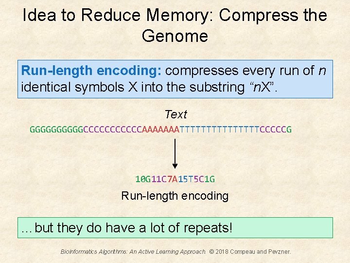 Idea to Reduce Memory: Compress the Genome Run-length encoding: compresses every run of n