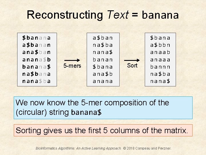 Reconstructing Text = banana $banana a$banan ana$ban anana$b banana$ na$bana nana$ba 5 -mers a$ban