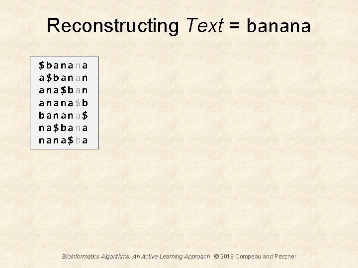 Reconstructing Text = banana $banana a$banan ana$ban anana$b banana$ na$bana nana$ba Bioinformatics Algorithms: An