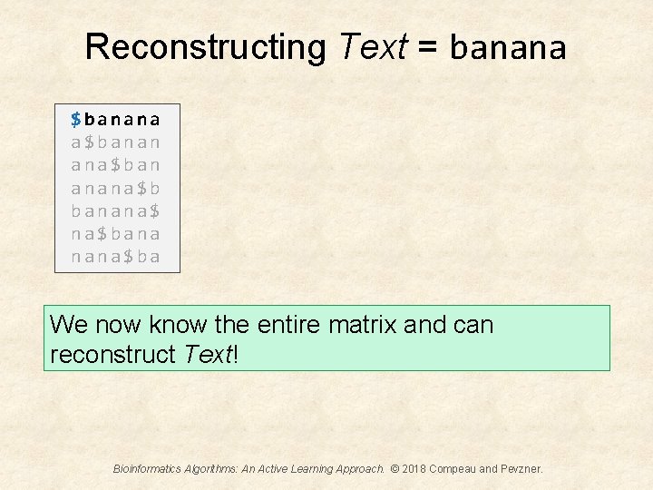 Reconstructing Text = banana $banana a$banan ana$ban anana$b banana$ na$bana nana$ba We now know
