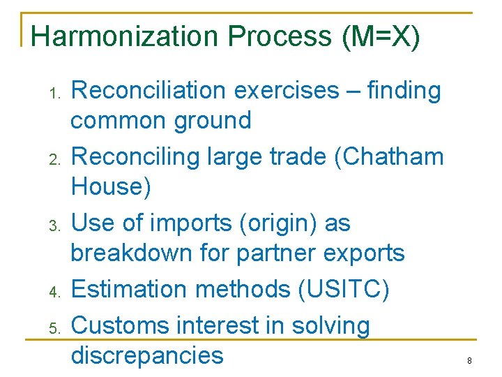 Harmonization Process (M=X) 1. 2. 3. 4. 5. Reconciliation exercises – finding common ground