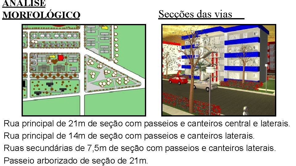 ANÁLISE MORFOLÓGICO Secções das vias Rua principal de 21 m de seção com passeios