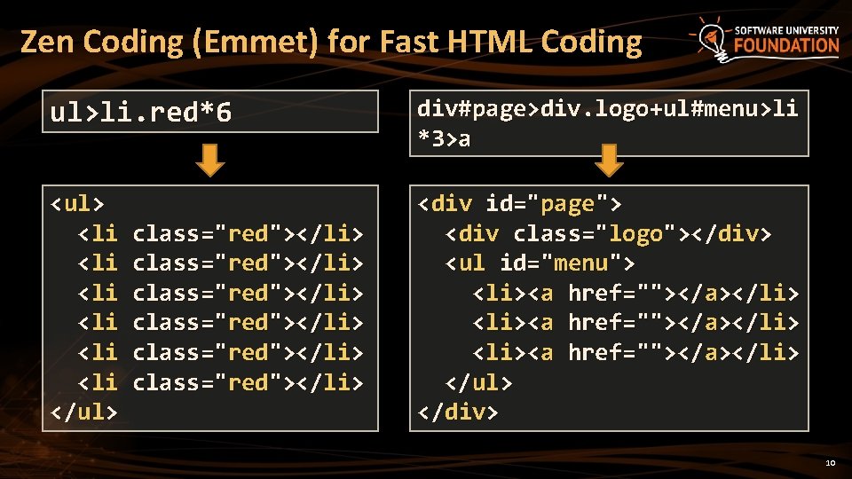 Zen Coding (Emmet) for Fast HTML Coding ul>li. red*6 div#page>div. logo+ul#menu>li *3>a <ul> <li