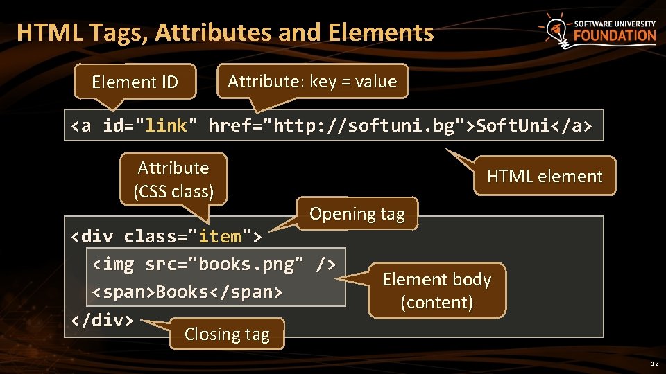 HTML Tags, Attributes and Elements Element ID Attribute: key = value <a id="link" href="http: