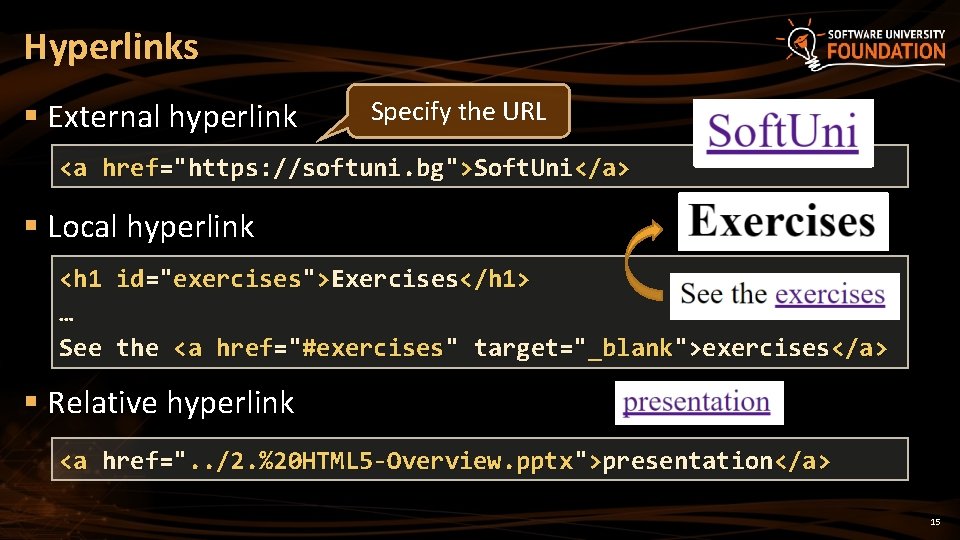 Hyperlinks § External hyperlink Specify the URL <a href="https: //softuni. bg">Soft. Uni</a> § Local