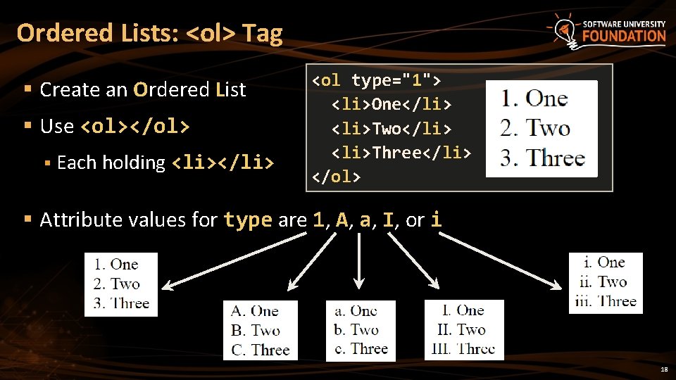 Ordered Lists: <ol> Tag § Create an Ordered List § Use <ol></ol> § Each