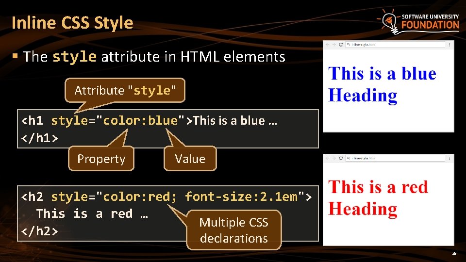 Inline CSS Style § The style attribute in HTML elements Attribute "style" <h 1