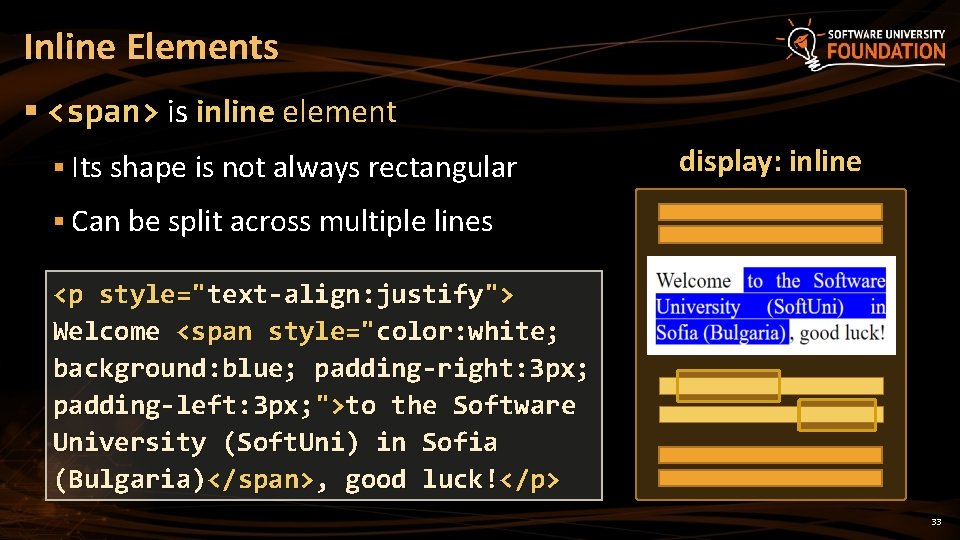 Inline Elements § <span> is inline element § Its shape is not always rectangular