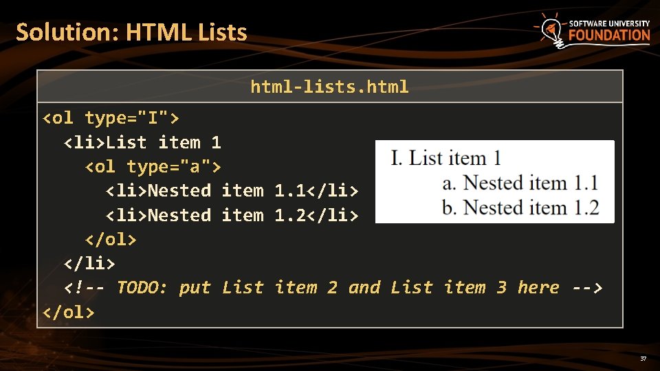 Solution: HTML Lists html-lists. html <ol type="I"> <li>List item 1 <ol type="a"> <li>Nested item