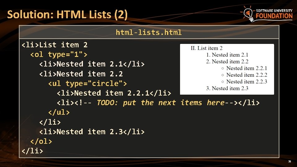 Solution: HTML Lists (2) html-lists. html <li>List item 2 <ol type="1"> <li>Nested item 2.