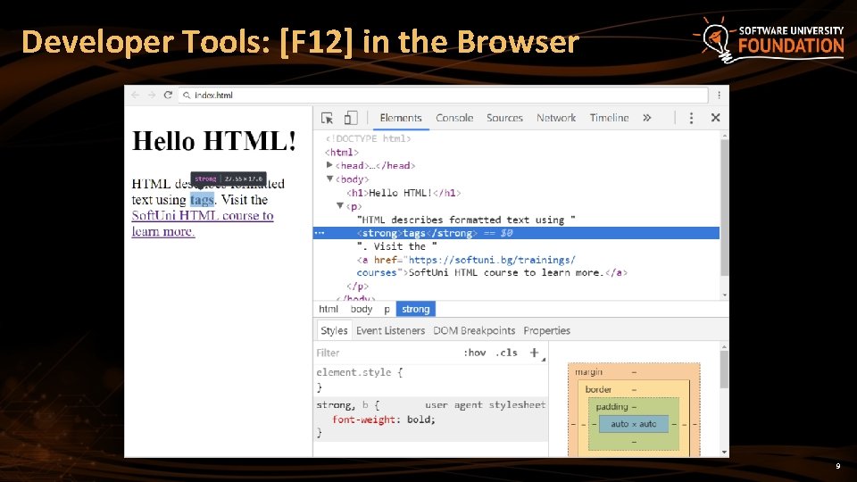 Developer Tools: [F 12] in the Browser 9 