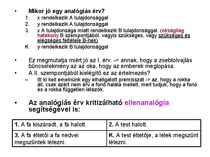  • Mikor jó egy analógiás érv? 1. 2. 3. K • Ez megmutatja