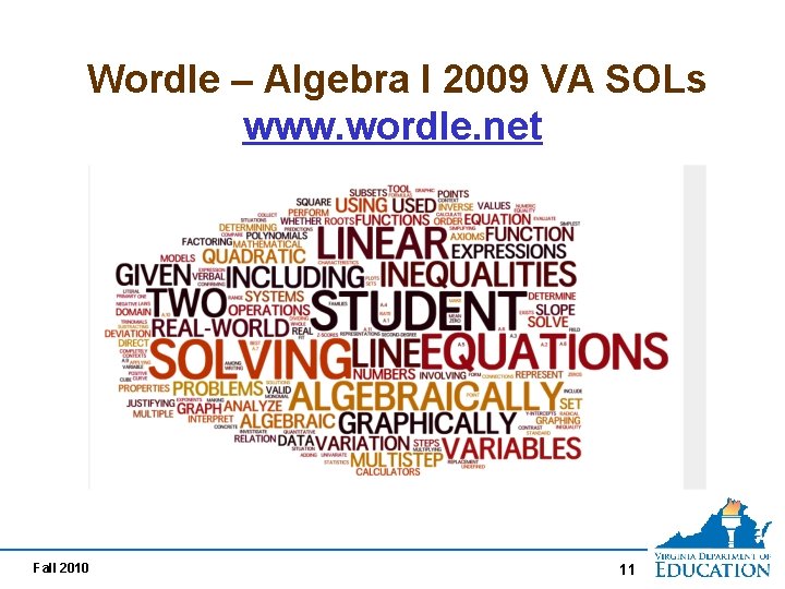 Wordle – Algebra I 2009 VA SOLs www. wordle. net Fall 2010 11 