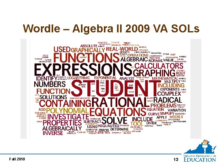 Wordle – Algebra II 2009 VA SOLs Fall 2010 13 Wordle – Algebra II 2009 VA SOLs Fall 2010 13
