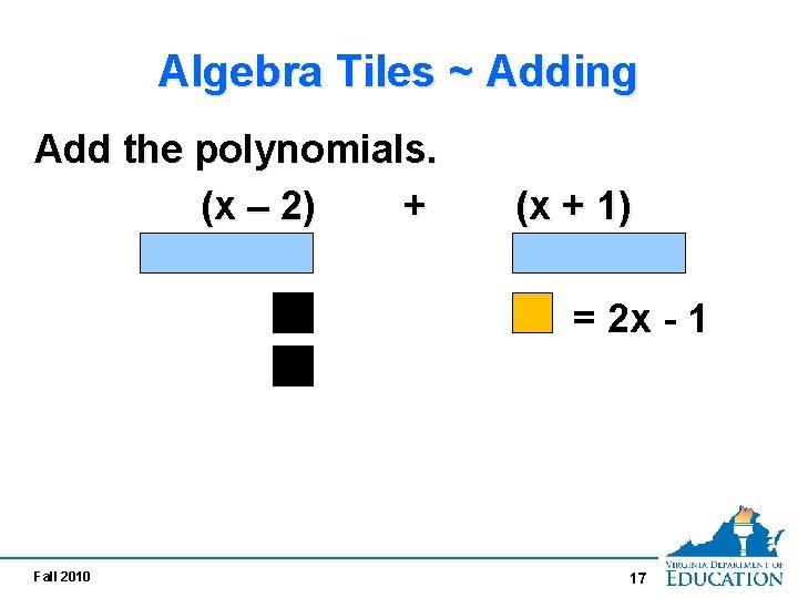 Algebra Tiles ~ Adding Add the polynomials. (x – 2) + (x + 1) Algebra Tiles ~ Adding Add the polynomials. (x – 2) + (x + 1)