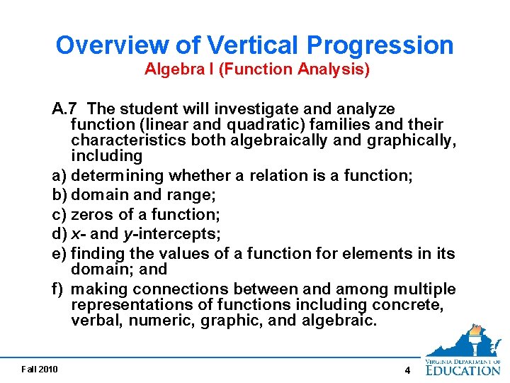 Overview of Vertical Progression Algebra I (Function Analysis) A. 7 The student will investigate Overview of Vertical Progression Algebra I (Function Analysis) A. 7 The student will investigate