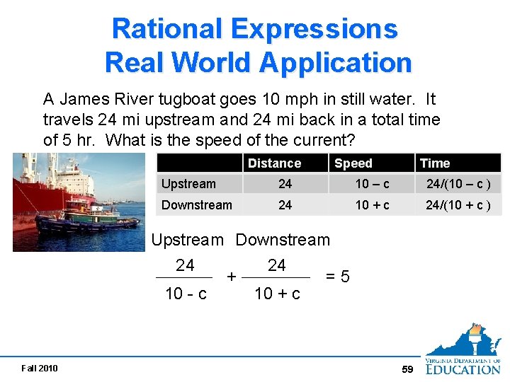 Rational Expressions Real World Application A James River tugboat goes 10 mph in still