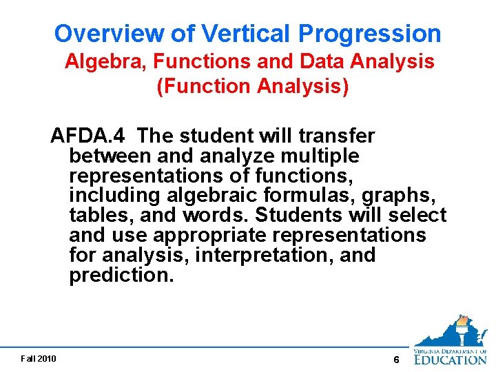 Overview of Vertical Progression Algebra, Functions and Data Analysis (Function Analysis) AFDA. 4 The