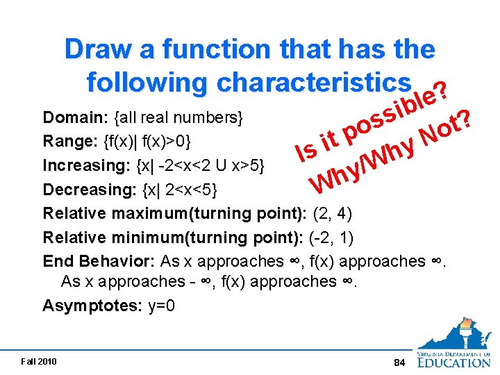 Draw a function that has the following characteristics ? e l b i s