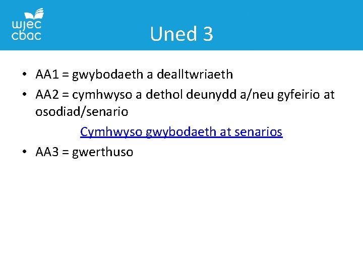 Uned 3 • AA 1 = gwybodaeth a dealltwriaeth • AA 2 = cymhwyso