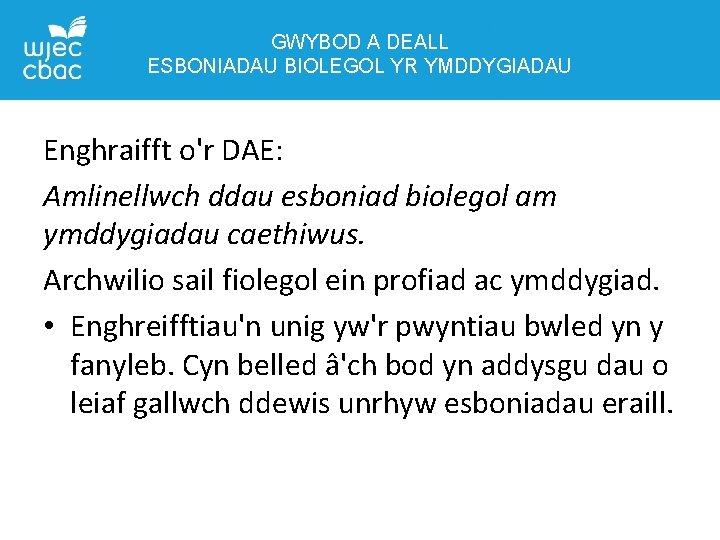 GWYBOD A DEALL ESBONIADAU BIOLEGOL YR YMDDYGIADAU Enghraifft o'r DAE: Amlinellwch ddau esboniad biolegol