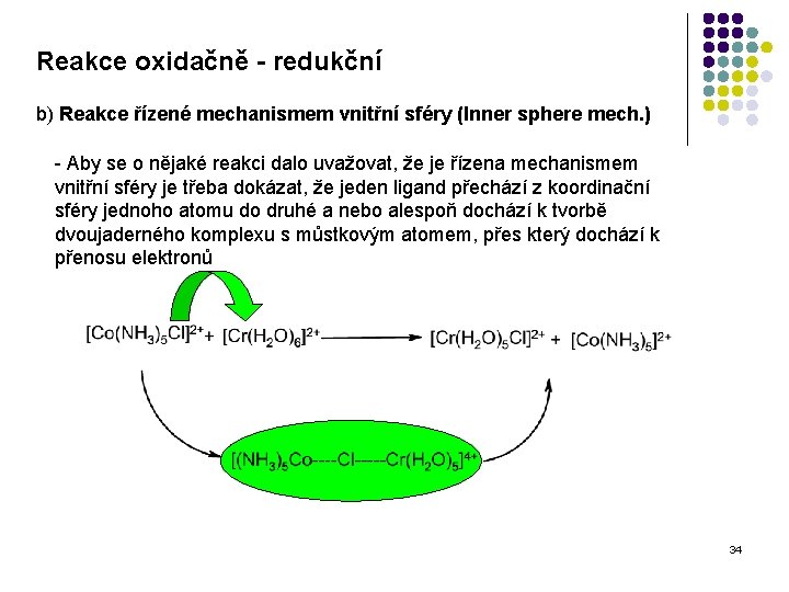 Reakce oxidačně - redukční b) Reakce řízené mechanismem vnitřní sféry (Inner sphere mech. )