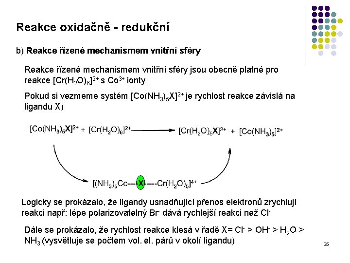 Reakce oxidačně - redukční b) Reakce řízené mechanismem vnitřní sféry jsou obecně platné pro