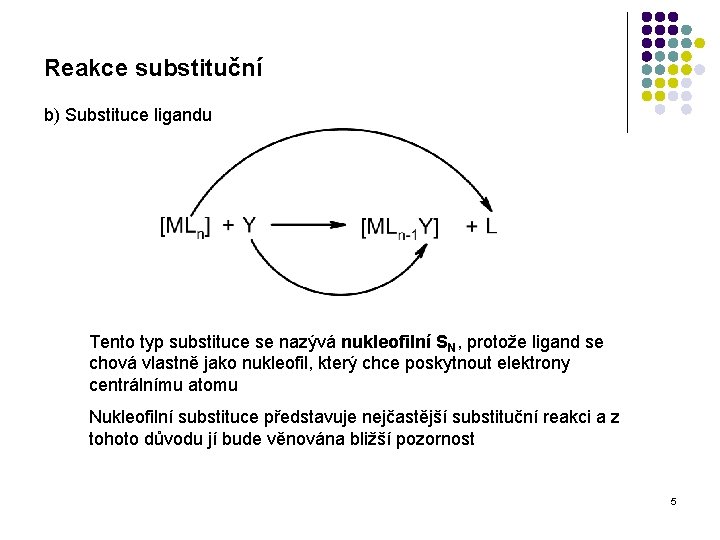Reakce substituční b) Substituce ligandu Tento typ substituce se nazývá nukleofilní SN, protože ligand
