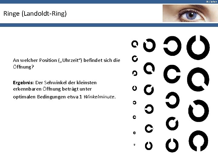 05 / Sehen Ringe (Landoldt-Ring) An welcher Position („Uhrzeit“) befindet sich die Öffnung? Ergebnis: