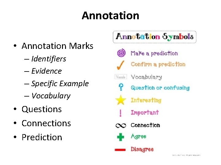 Annotation • Annotation Marks – Identifiers – Evidence – Specific Example – Vocabulary •