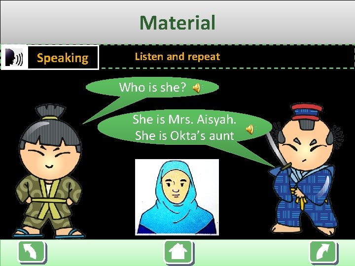 Material Speaking Listen and repeat Who is she? She is Mrs. Aisyah. She is