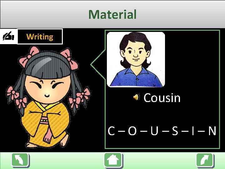 Material Writing Cousin C–O–U–S–I–N 