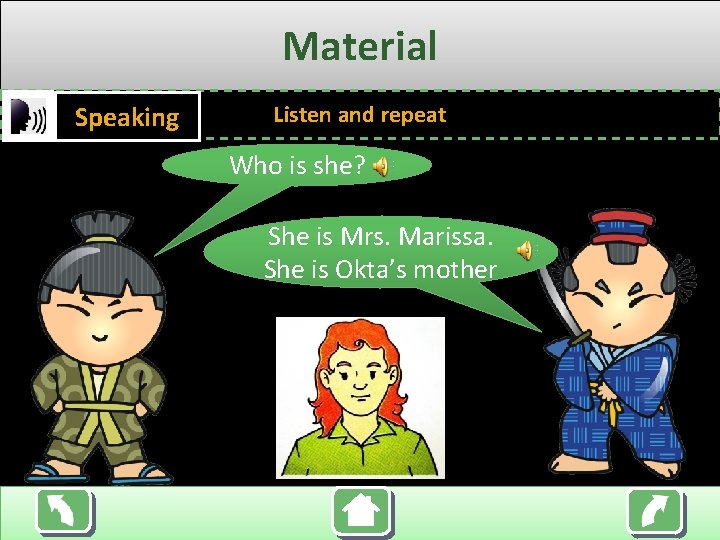 Material Speaking Listen and repeat Who is she? She is Mrs. Marissa. She is