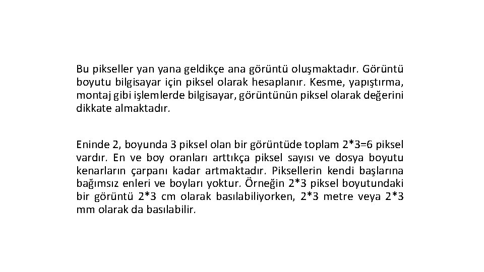 Bu pikseller yana geldikçe ana görüntü oluşmaktadır. Görüntü boyutu bilgisayar için piksel olarak hesaplanır.